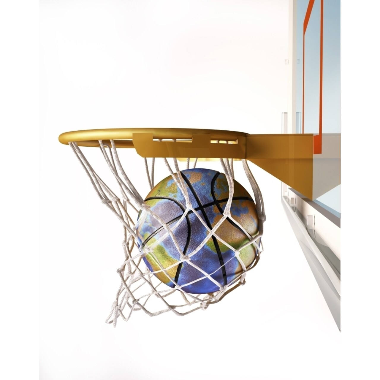 3D Rendering Of Planet Earth Falling Into A Basketball Hoop Poster Print